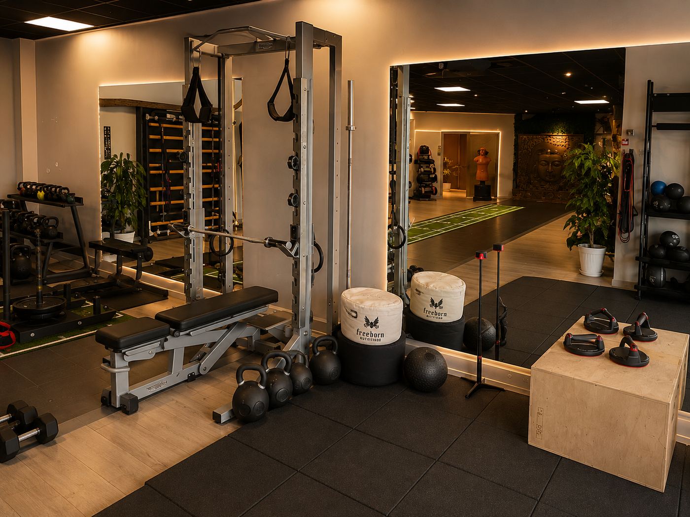 Zone de musculation du studio : rack, banc, kettlebells et box