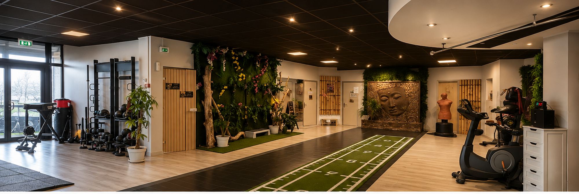Vue d'ensemble du Studio 360 Wellness : plateau de force, mur végétal et piste d'accélération